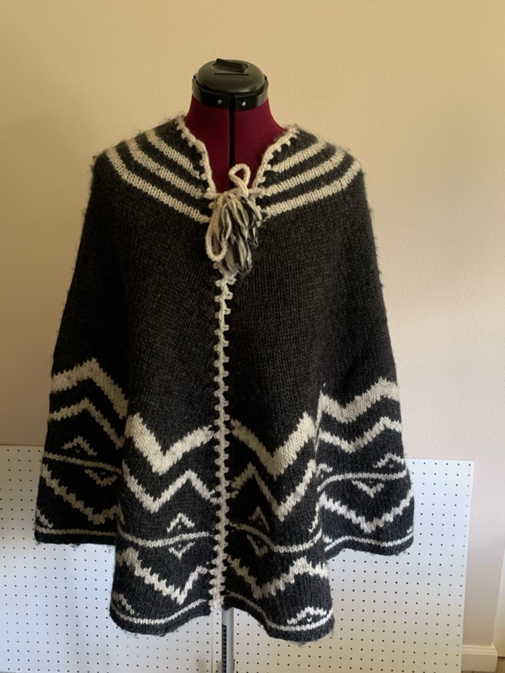 J. Jill Charcoal and Cream Knit Cape with Tie Front